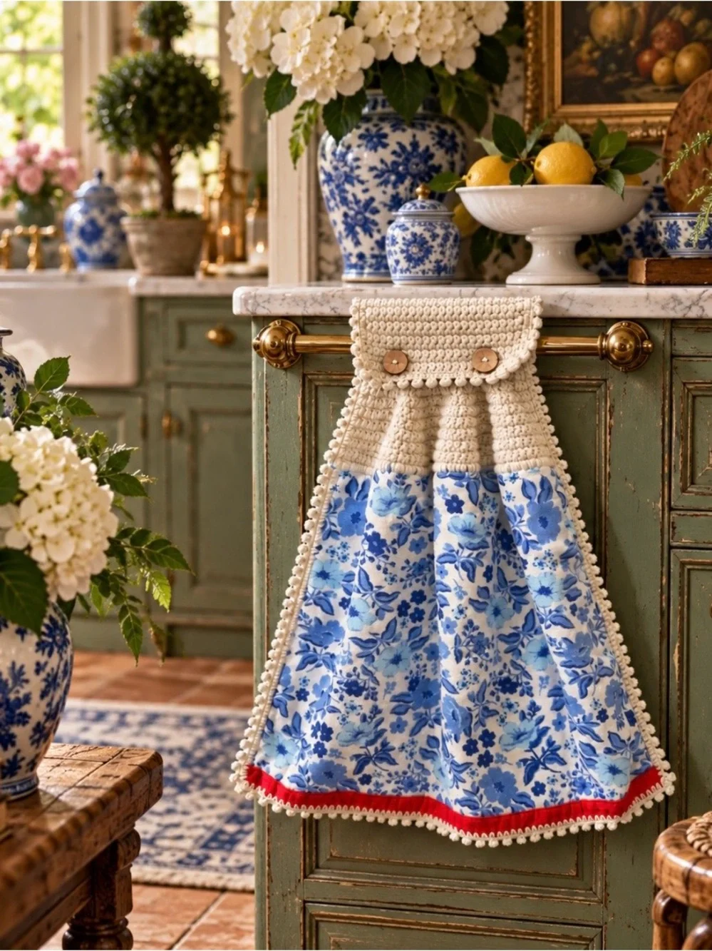 Pioneer Woman Handmade Crochet Hanging Kitchen Towel Blue Floral